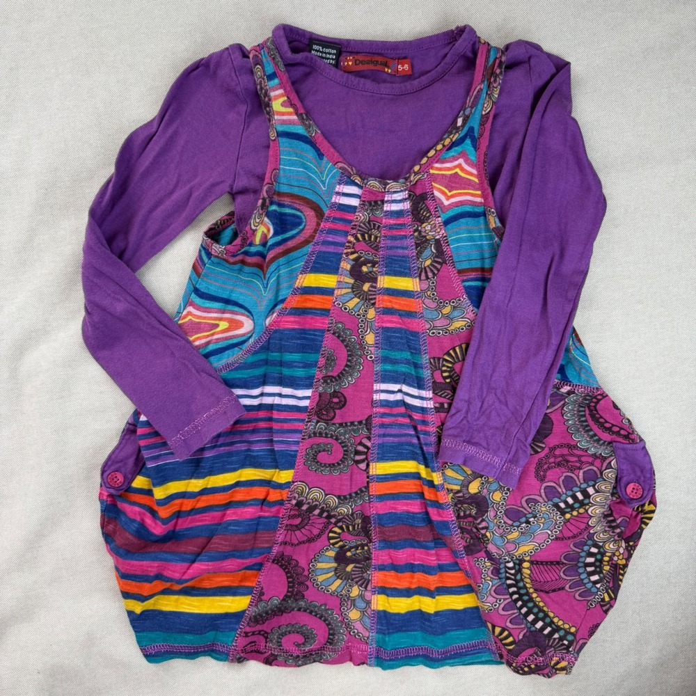Desigual Girls Sz 5-6 Purple Multi Pattern Long Sleeve Dress Cotton Layered Boho